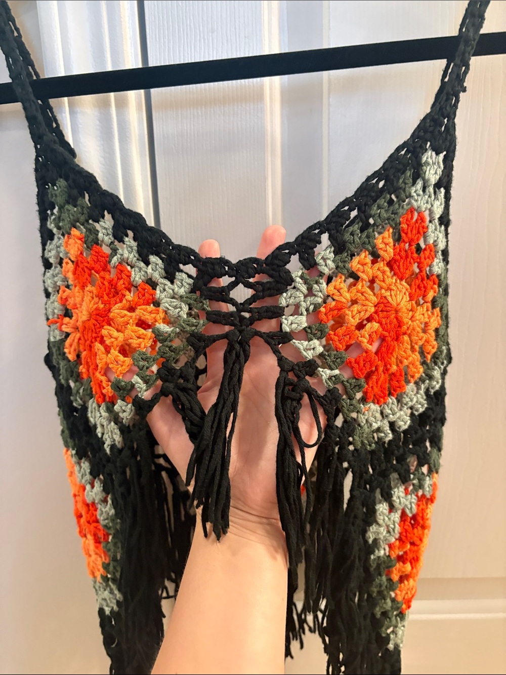 Crochet Fringe Tank Top - Black with Orange & Green Accents - Picture 3 of 5